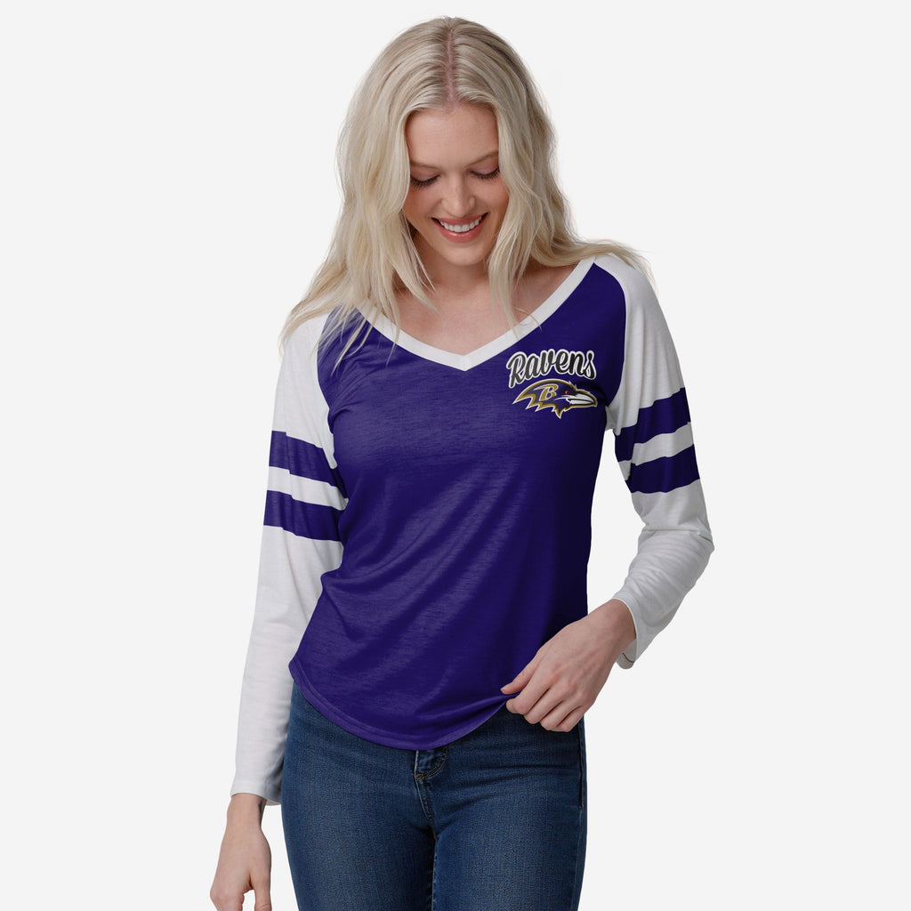 Baltimore Ravens Womens Script Wordmark Striped Sleeve Raglan T-Shirt FOCO S - FOCO.com