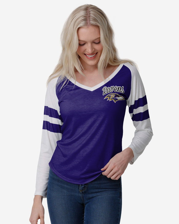 Baltimore Ravens Womens Script Wordmark Striped Sleeve Raglan T-Shirt FOCO S - FOCO.com