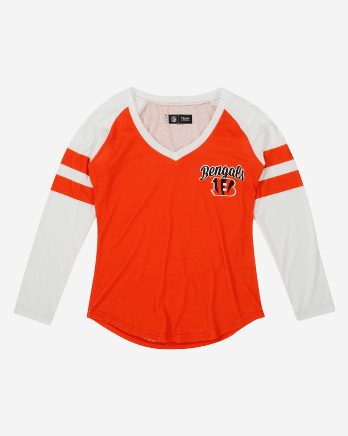 Cincinnati Bengals Womens Script Wordmark Striped Sleeve Raglan Shirt FOCO - FOCO.com