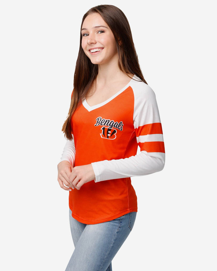 FOCO Cincinnati Bengals NFL Womens Script Wordmark Striped Sleeve Raglan Shirt