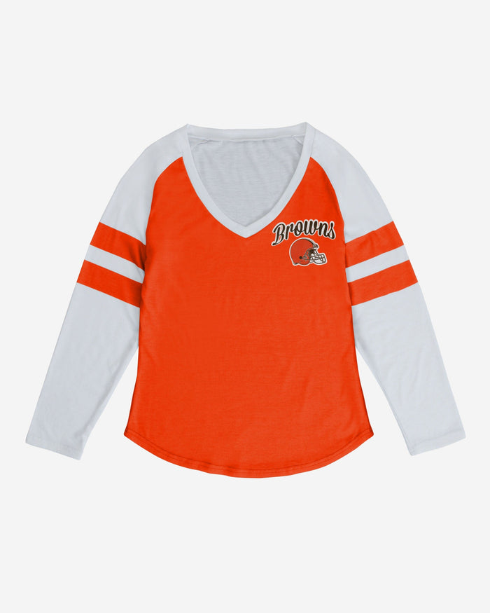 Cleveland Browns Womens Script Wordmark Striped Sleeve Raglan T-Shirt FOCO - FOCO.com