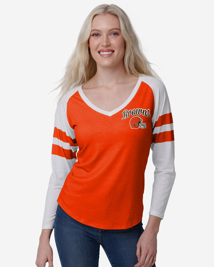 Cleveland Browns Womens Script Wordmark Striped Sleeve Raglan T-Shirt FOCO S - FOCO.com