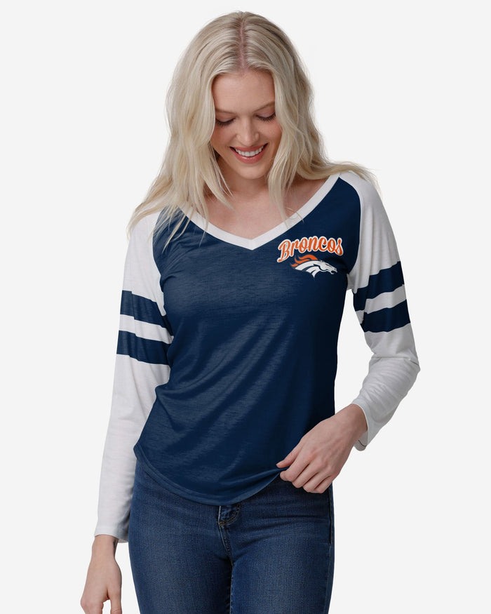 FOCO Denver Broncos NFL Womens Script Wordmark Striped Sleeve Raglan T-Shirt