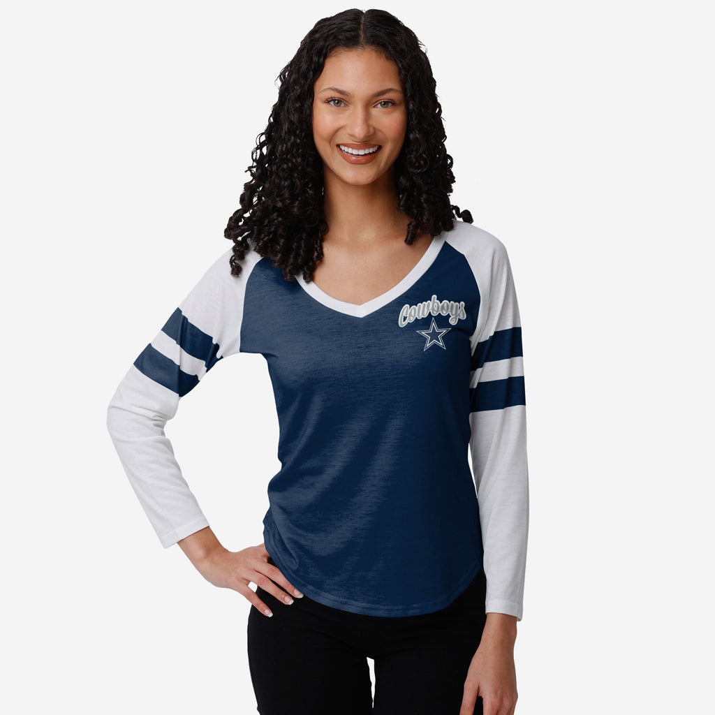 Dallas Cowboys Womens Script Wordmark Striped Sleeve Raglan T-Shirt FOCO S - FOCO.com