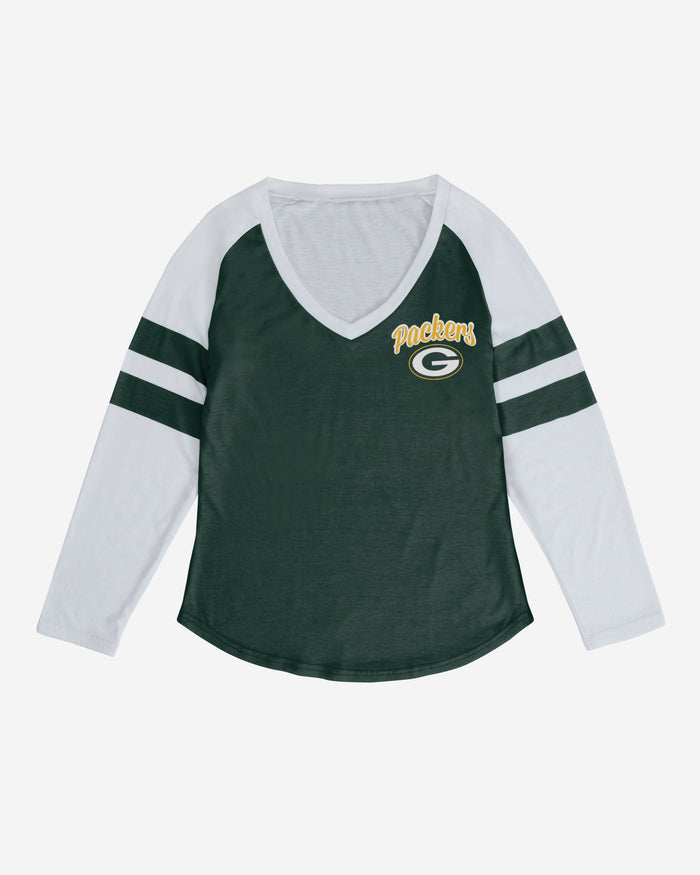 Green Bay Packers Womens Script Wordmark Striped Sleeve Raglan T-Shirt FOCO - FOCO.com
