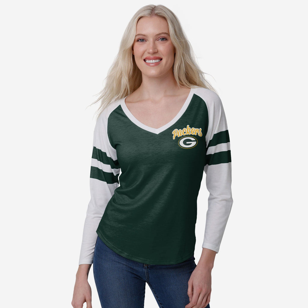 Green Bay Packers Womens Script Wordmark Striped Sleeve Raglan T-Shirt FOCO S - FOCO.com