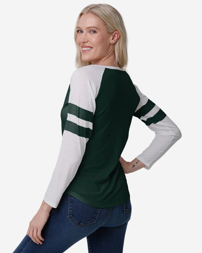 Green Bay Packers Womens Script Wordmark Striped Sleeve Raglan T-Shirt FOCO - FOCO.com