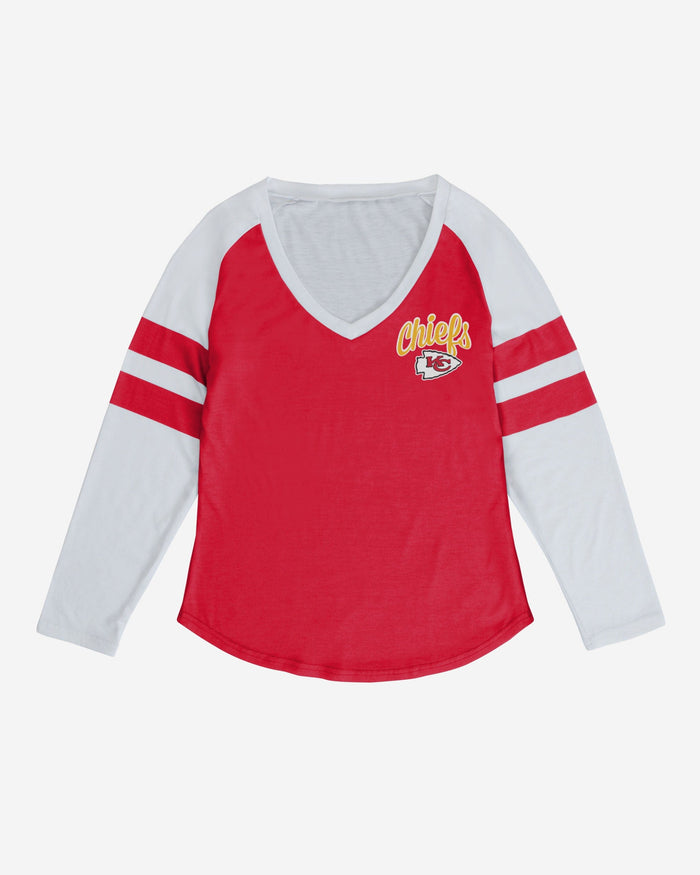 Kansas City Chiefs Womens Script Wordmark Striped Sleeve Raglan T-Shirt FOCO - FOCO.com