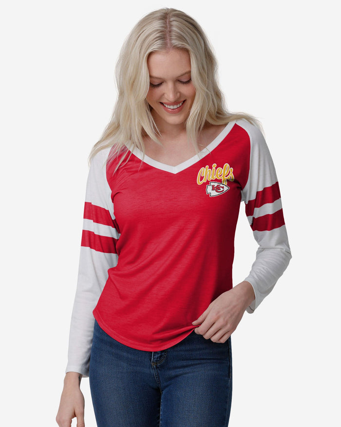 Kansas City Chiefs Womens Script Wordmark Striped Sleeve Raglan T-Shirt FOCO S - FOCO.com