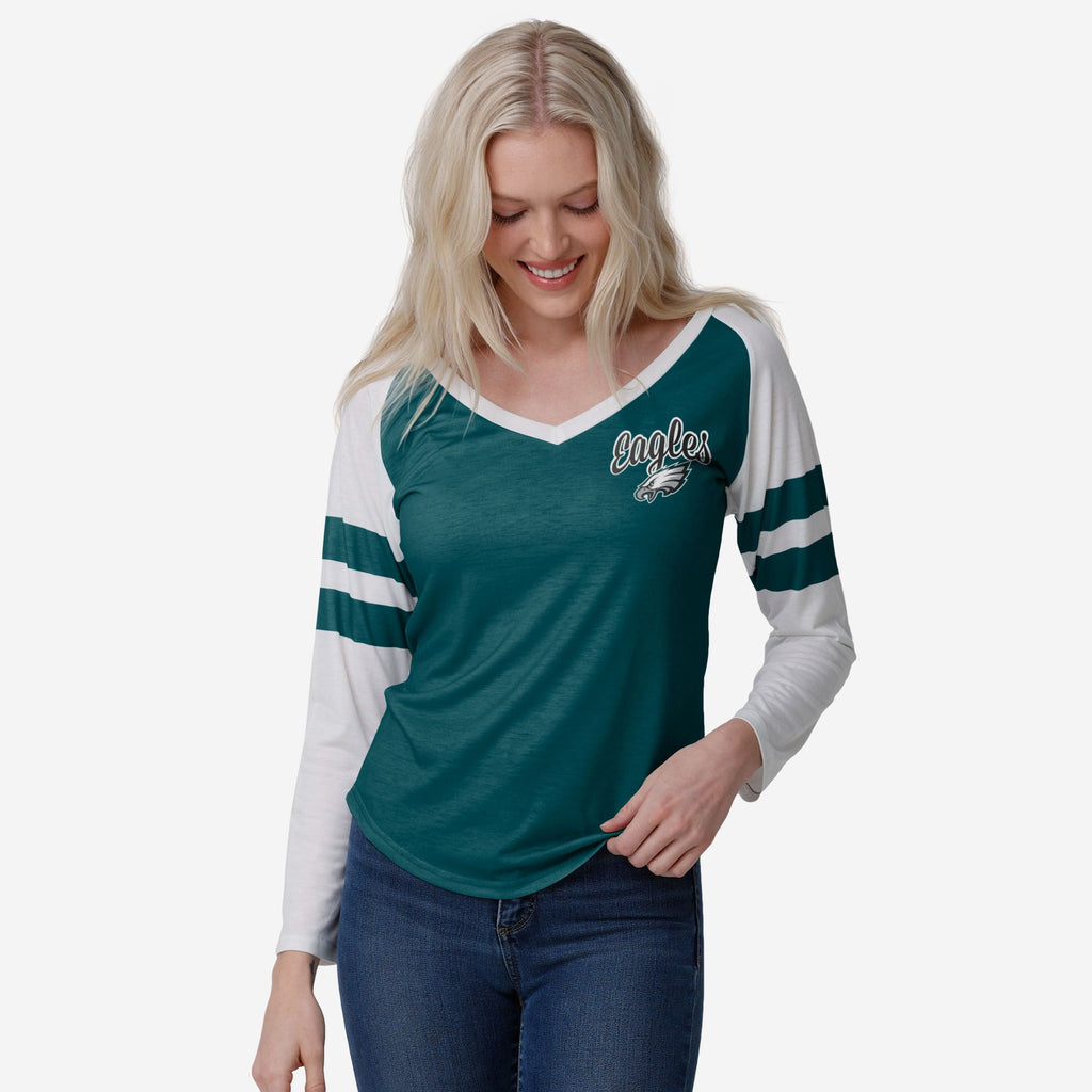 Philadelphia Eagles Womens Script Wordmark Striped Sleeve Raglan T-Shirt FOCO S - FOCO.com