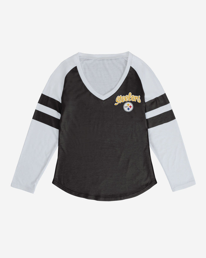 Pittsburgh Steelers Womens Script Wordmark Striped Sleeve Raglan T-Shirt FOCO - FOCO.com