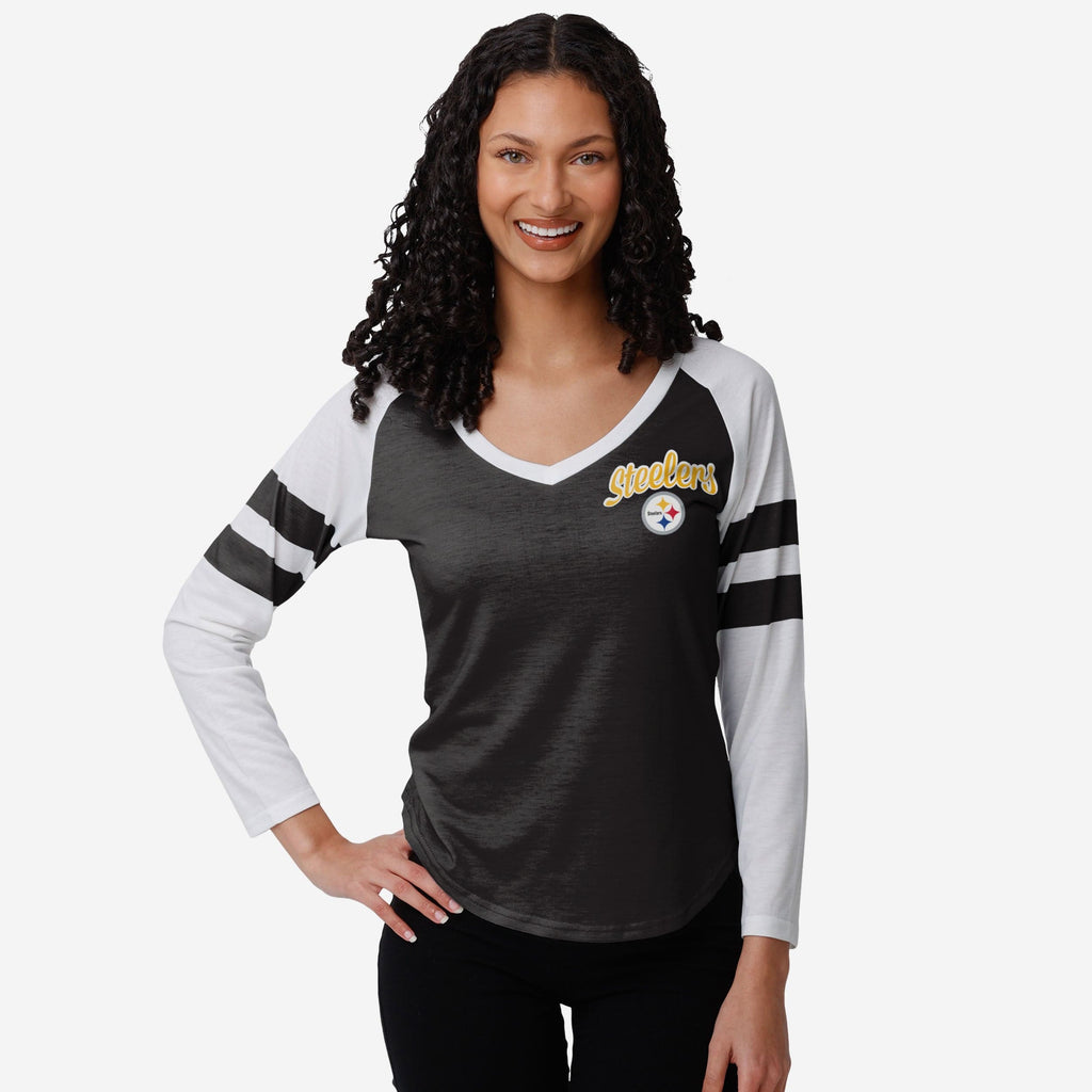 Pittsburgh Steelers Womens Script Wordmark Striped Sleeve Raglan T-Shirt FOCO S - FOCO.com