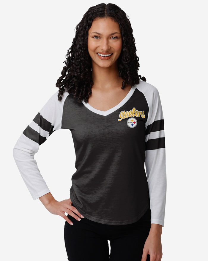 Pittsburgh Steelers Womens Script Wordmark Striped Sleeve Raglan T-Shirt FOCO S - FOCO.com