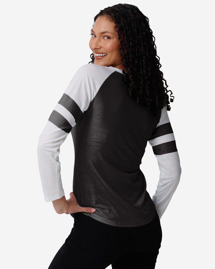 Pittsburgh Steelers Womens Script Wordmark Striped Sleeve Raglan T-Shirt FOCO - FOCO.com