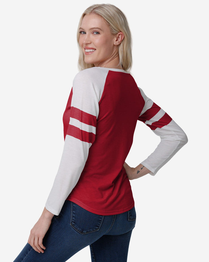 San Francisco 49ers Womens Script Wordmark Striped Sleeve Raglan T-Shirt FOCO - FOCO.com