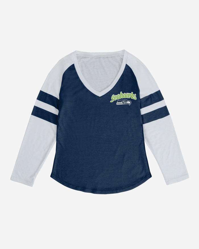 Seattle Seahawks Womens Script Wordmark Striped Sleeve Raglan T-Shirt FOCO - FOCO.com