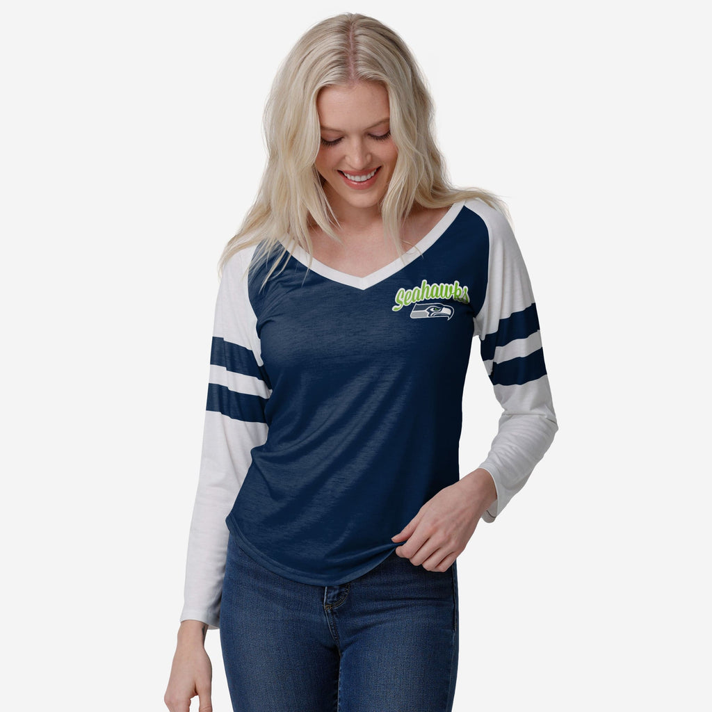Seattle Seahawks Womens Script Wordmark Striped Sleeve Raglan T-Shirt FOCO S - FOCO.com