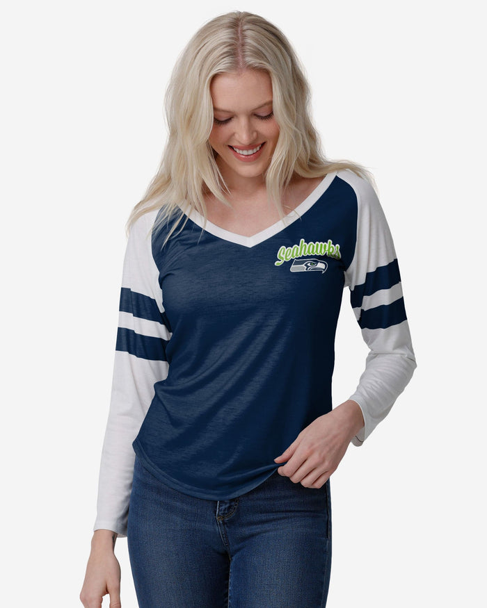 Seattle Seahawks Womens Script Wordmark Striped Sleeve Raglan T-Shirt FOCO S - FOCO.com