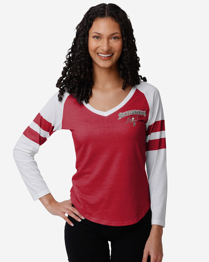 Tampa Bay Buccaneers Womens Script Wordmark Striped Sleeve Raglan T-Shirt FOCO S - FOCO.com