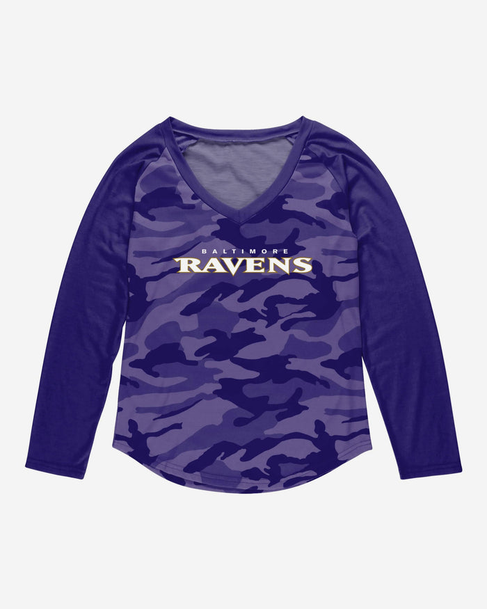 Baltimore Ravens Womens Wordmark Tonal Camo Raglan T-Shirt FOCO - FOCO.com