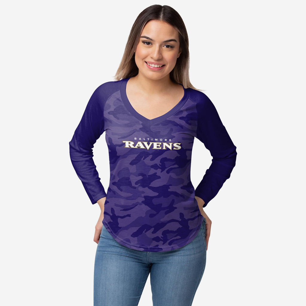 Baltimore Ravens Womens Wordmark Tonal Camo Raglan T-Shirt FOCO S - FOCO.com