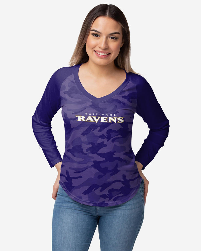 Baltimore Ravens Womens Wordmark Tonal Camo Raglan T-Shirt FOCO S - FOCO.com