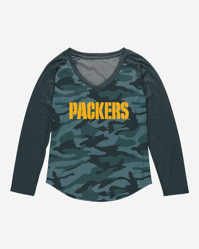 Green Bay Packers Womens Wordmark Tonal Camo Raglan T-Shirt FOCO - FOCO.com