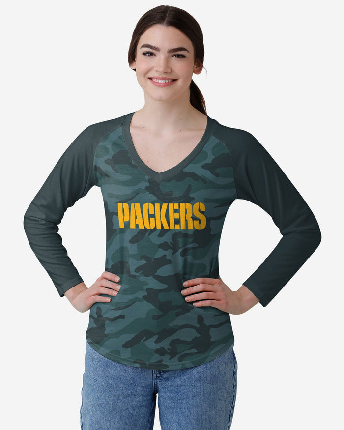 Green Bay Packers Womens Wordmark Tonal Camo Raglan T-Shirt FOCO S - FOCO.com