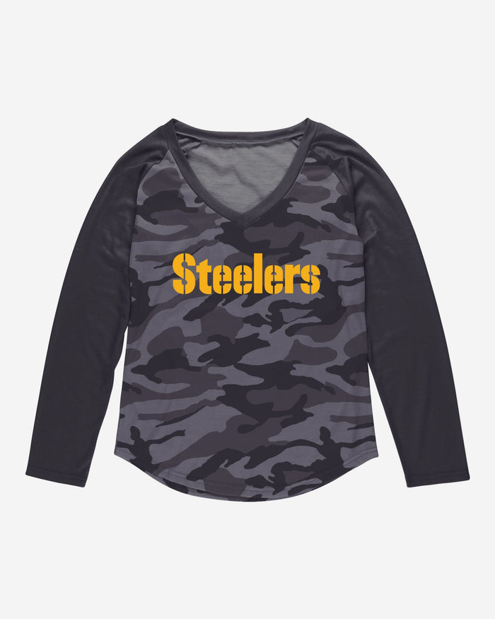 Pittsburgh Steelers Womens Wordmark Tonal Camo Raglan T-Shirt FOCO - FOCO.com