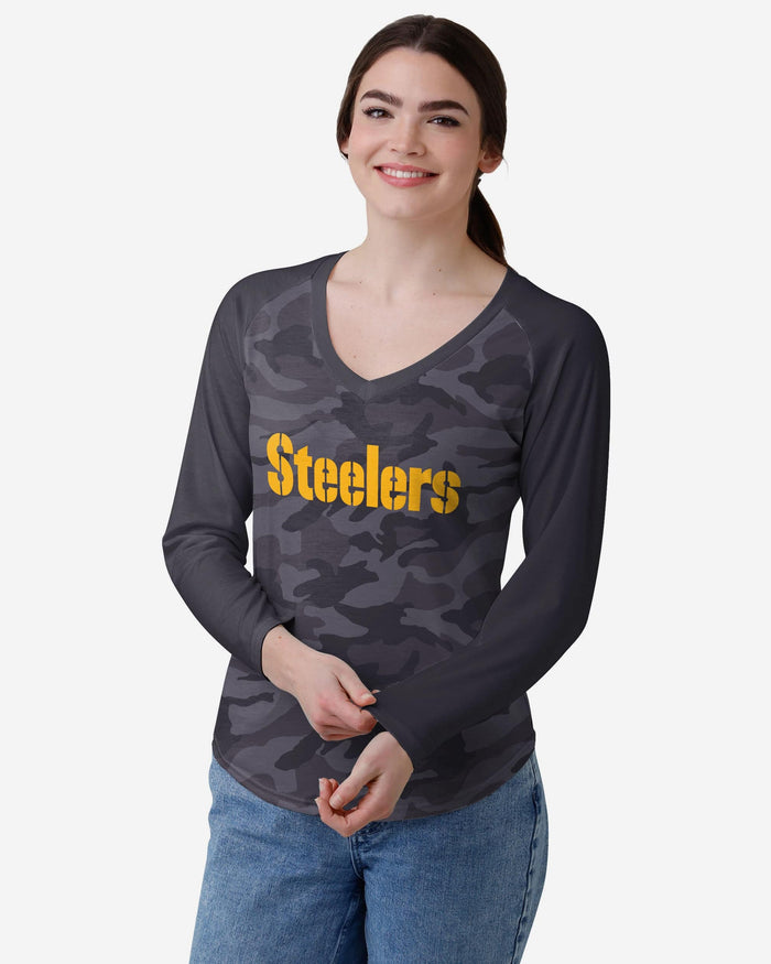 Pittsburgh Steelers Womens Wordmark Tonal Camo Raglan T-Shirt FOCO S - FOCO.com
