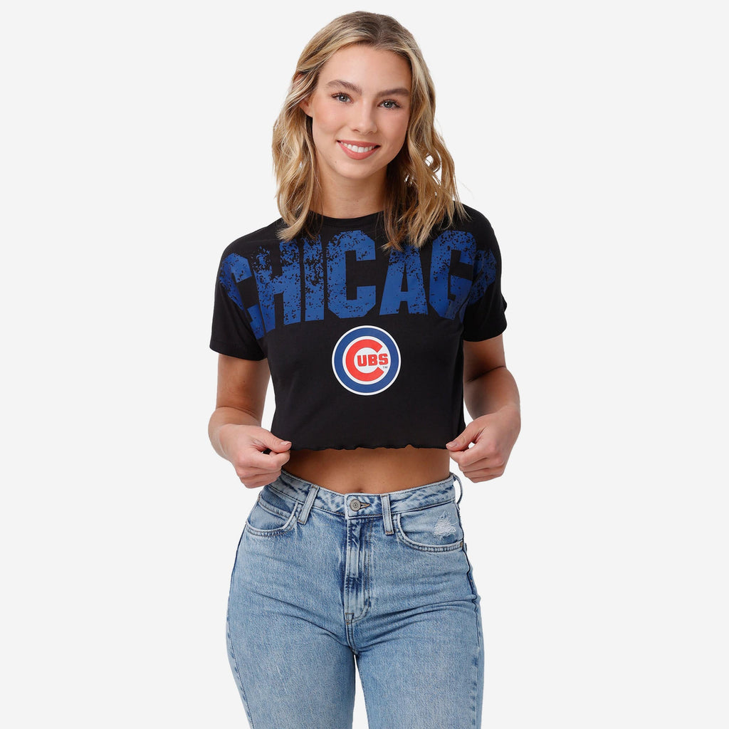 Chicago Cubs Womens Distressed Wordmark Crop Top FOCO S - FOCO.com