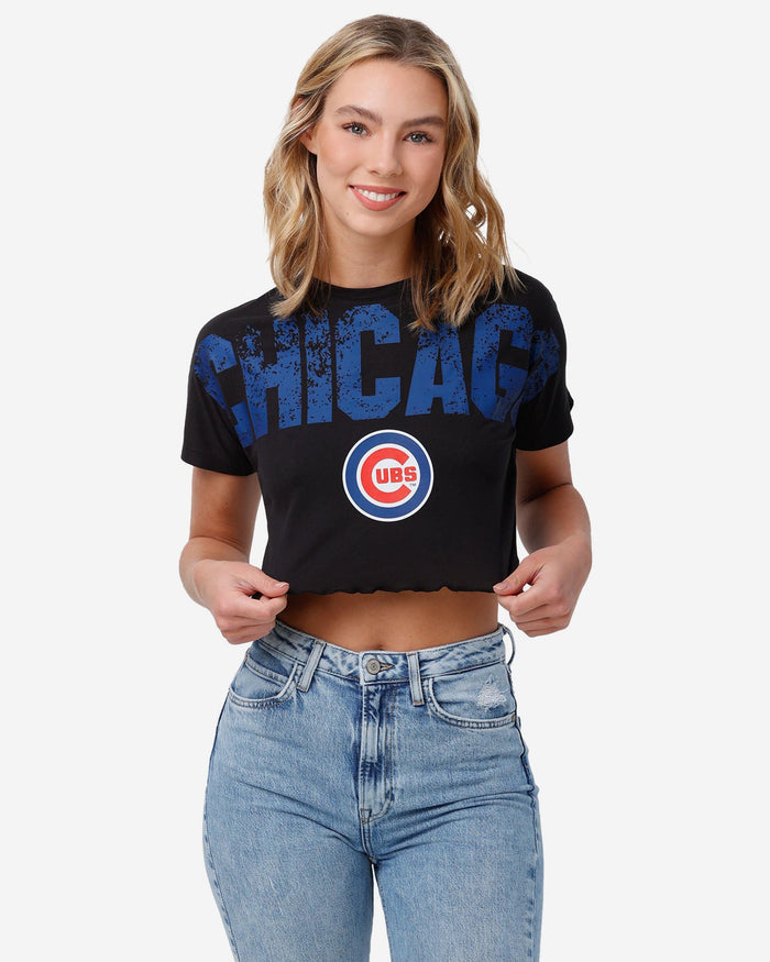 Chicago Cubs Womens Distressed Wordmark Crop Top FOCO S - FOCO.com