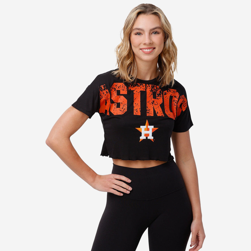 Houston Astros Womens Petite Distressed Wordmark Crop Top FOCO S - FOCO.com