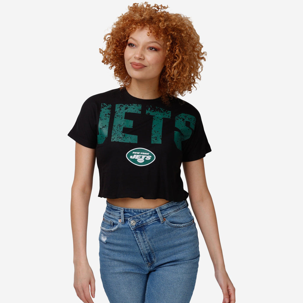 New York Jets Womens Petite Distressed Wordmark Crop Top FOCO