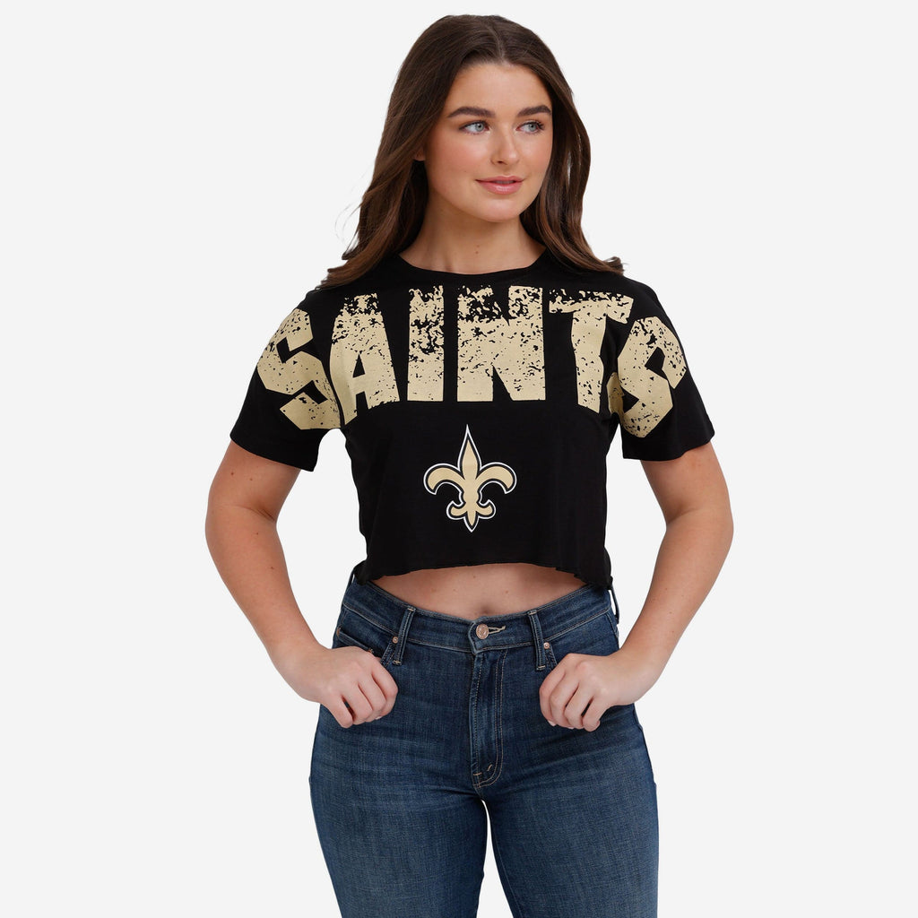 New Orleans Saints Womens Petite Distressed Wordmark Crop Top FOCO S - FOCO.com
