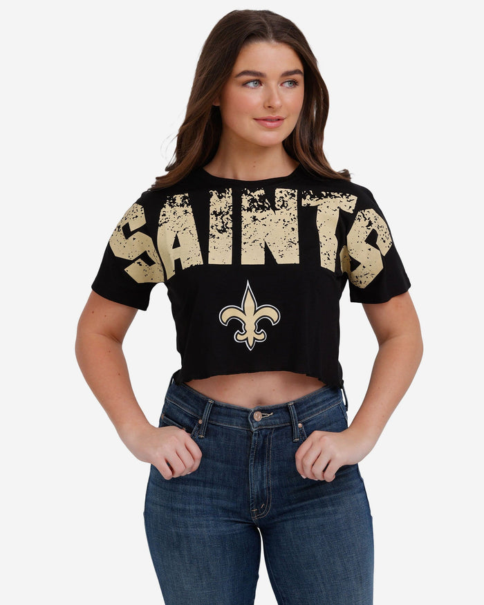 New Orleans Saints Womens Distressed Wordmark Crop Top FOCO S - FOCO.com