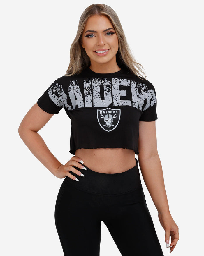 Las Vegas Raiders Womens Petite Distressed Wordmark Crop Top FOCO S - FOCO.com