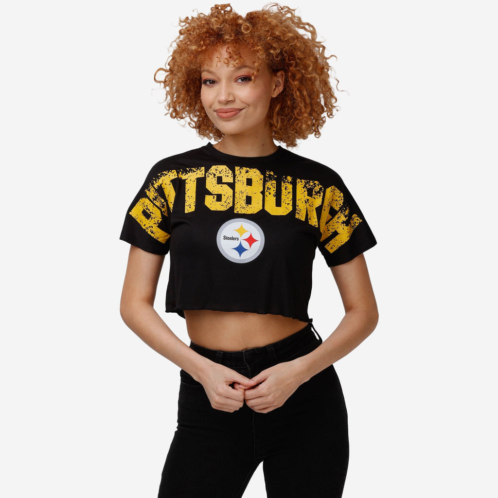Pittsburgh Steelers Womens Petite Distressed Wordmark Crop Top FOCO S - FOCO.com