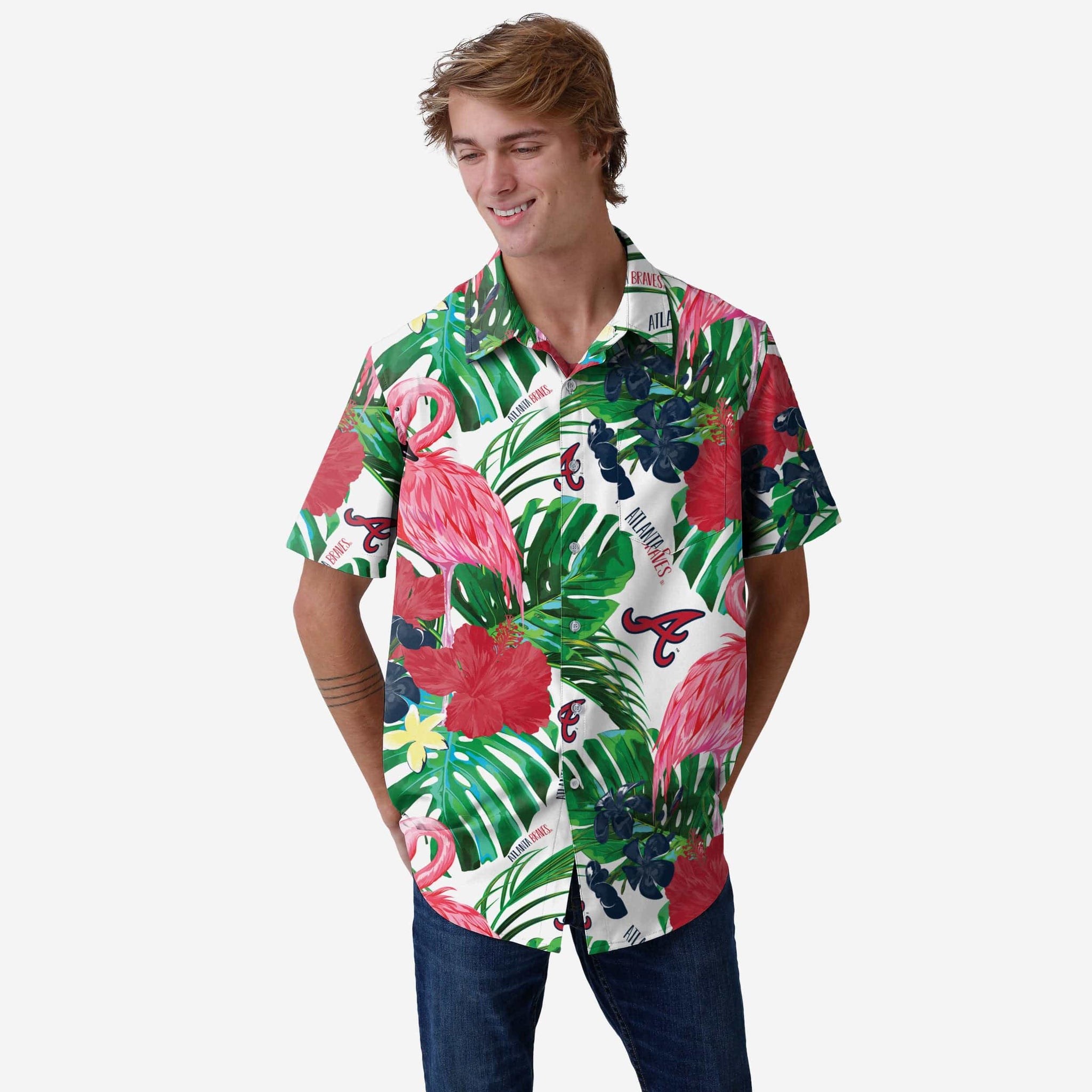 FOCO Atlanta Braves Flamingo Button Up Shirt, Mens Size: S
