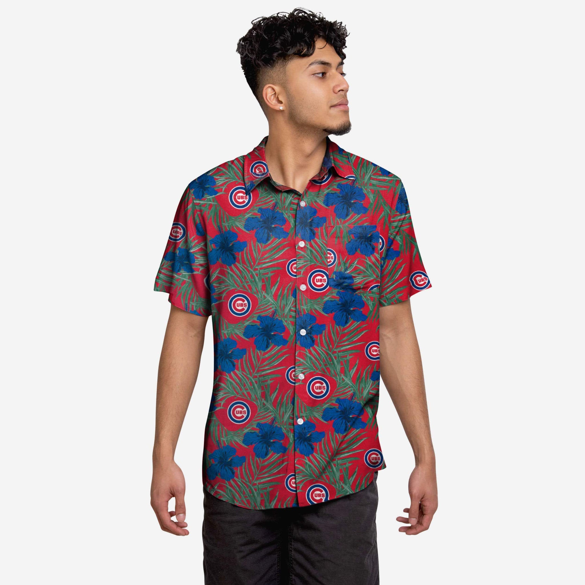 thumbnail image 2 of Men's Team Logo Hibiscus Floral Button Up Shirt - Short Sleeve Hawaiian Style 2 of 9