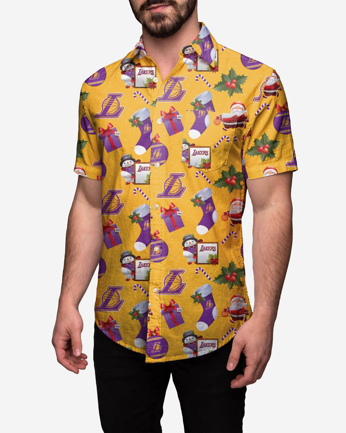 Los Angeles Lakers Christmas Explosion Button Up Shirt FOCO Los Angeles Lakers Christmas Explosion Button Up Shirt FOCO