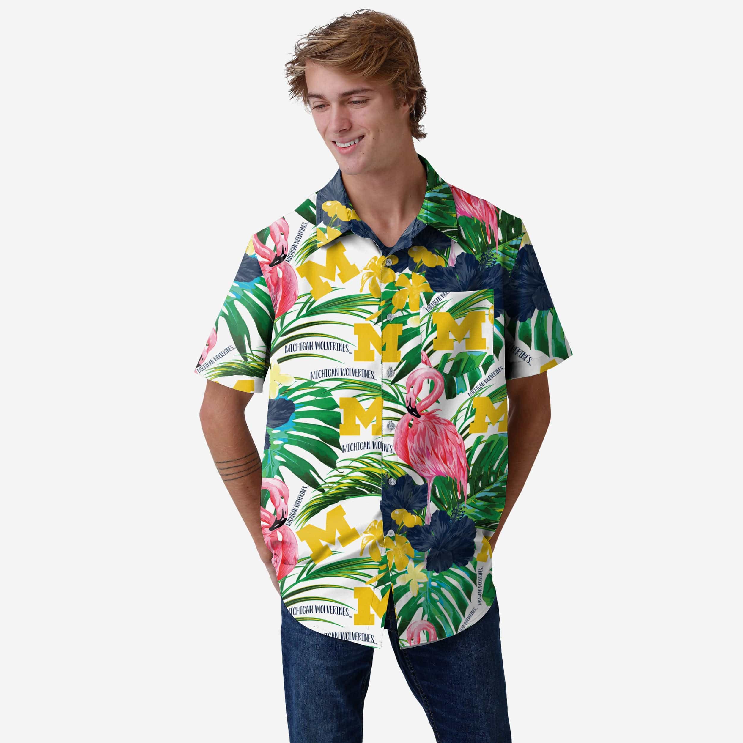 Michigan Wolverines Flamingo Button Up Shirt FOCO