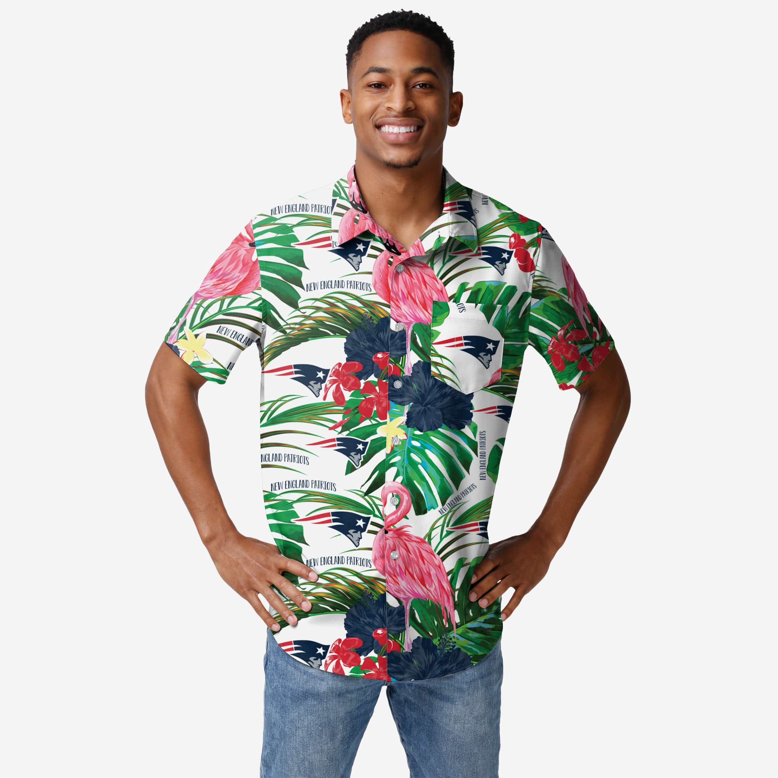 New England Patriots Flamingo Button Up Shirt FOCO