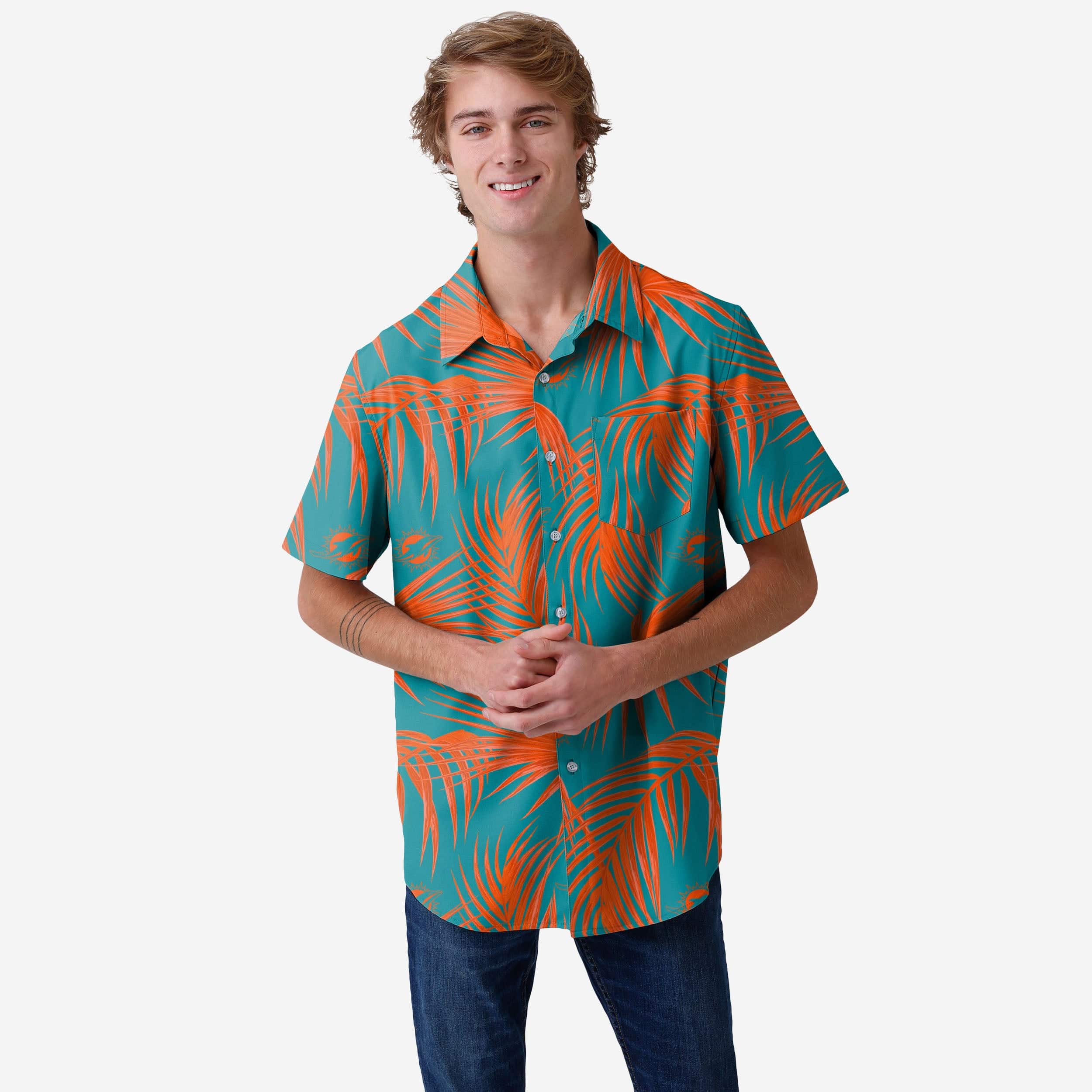 miami dolphins dress shirt Miami Dolphins Americana Cutter & Buck Skyline Recycled Gingham Mens Long Sleeve Button Down Dress Shirt