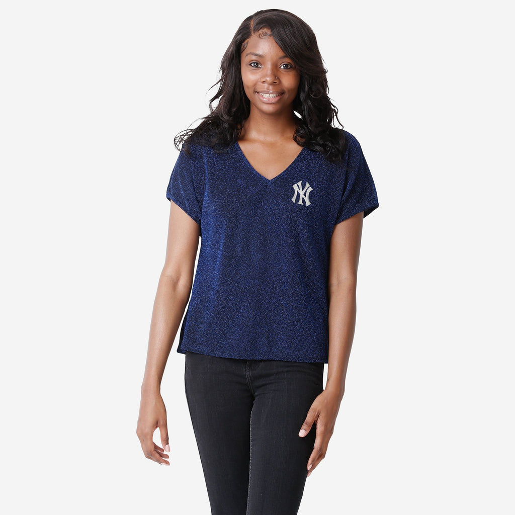 New York Yankees Womens Gametime Glitter V-Neck T-Shirt FOCO S - FOCO.com