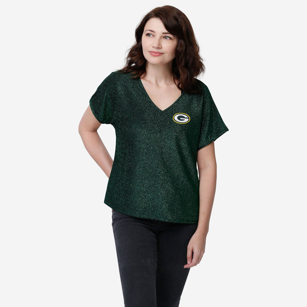 Green Bay Packers Womens Gametime Glitter V-Neck T-Shirt FOCO S - FOCO.com
