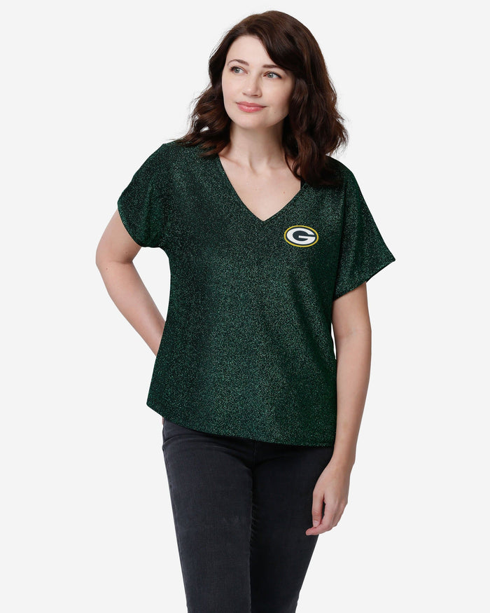Green Bay Packers Womens Gametime Glitter V-Neck T-Shirt FOCO S - FOCO.com