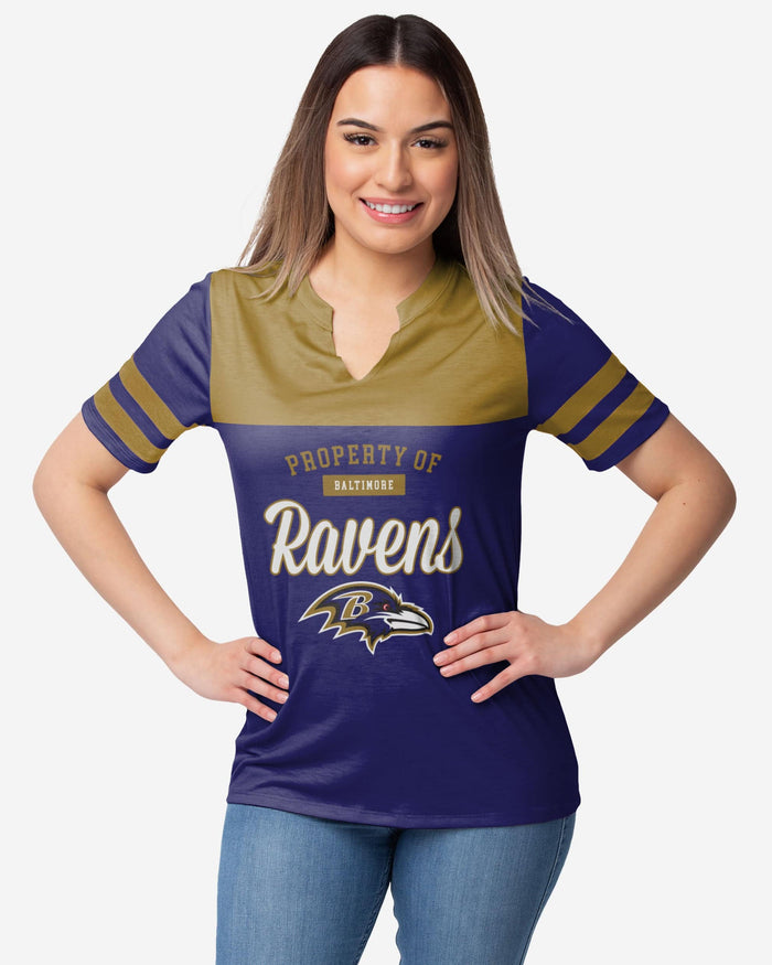 Baltimore Ravens Womens Team Stripe Property Of V-Neck T-Shirt FOCO S - FOCO.com