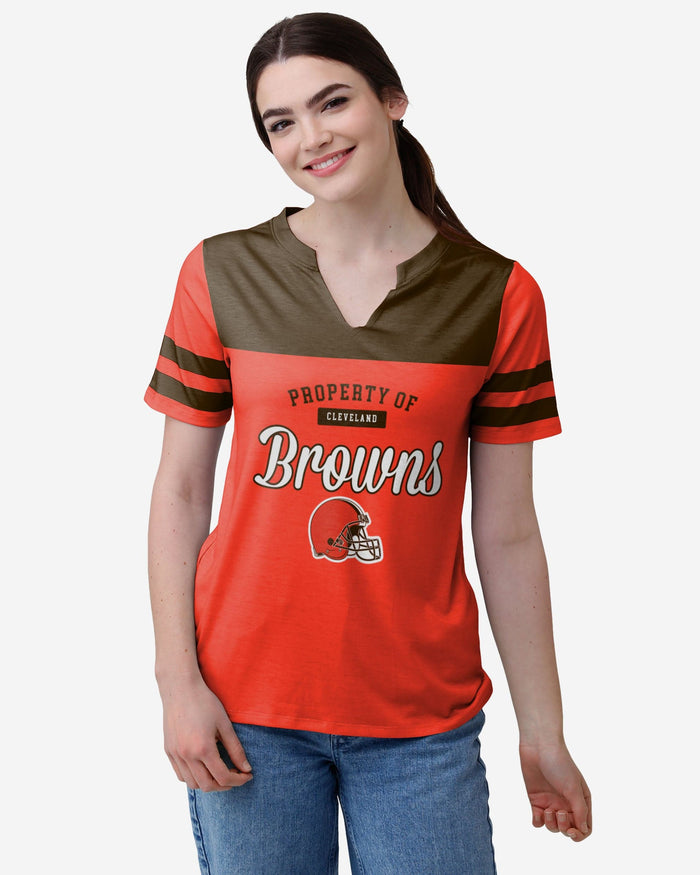 Cleveland Browns Womens Team Stripe Property Of V-Neck T-Shirt FOCO S - FOCO.com