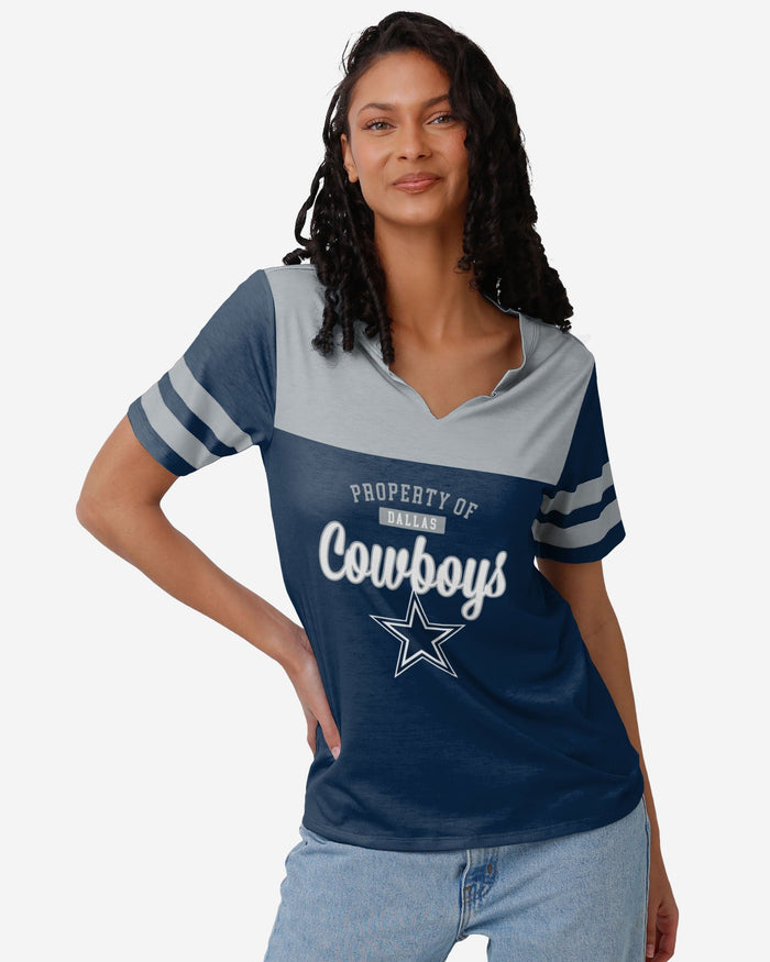 Dallas Cowboys Womens Team Stripe Property Of V-Neck T-Shirt FOCO S - FOCO.com